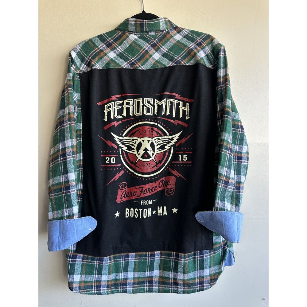 Aerosmith Aero Force One 2015 Graphic Back Flannel Green Plaid Button Up Size L